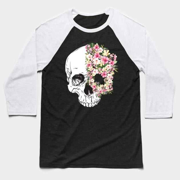 Exotic Flowers - Human Skull Baseball T-Shirt by treszure_chest